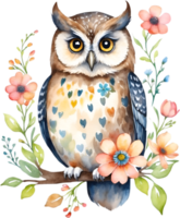 AI generated Watercolor of an owl with flowers. Ai-generated. png