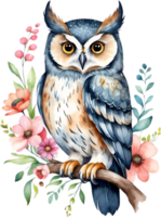 AI generated Watercolor of an owl with flowers. Ai-generated. png