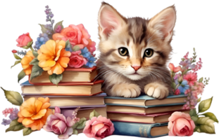 AI generated Kitten with Stack of books. Ai-Generated. png