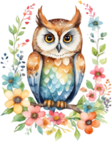 AI generated Watercolor of an owl with flowers. Ai-generated. png