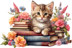 AI generated Kitten with Stack of books. Ai-Generated. png