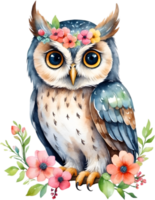 AI generated Watercolor of an owl with flowers. Ai-generated. png