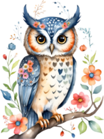 AI generated Watercolor of an owl with flowers. Ai-generated. png