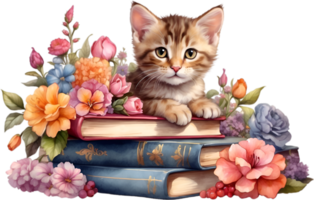 AI generated Kitten with Stack of books. Ai-Generated. png