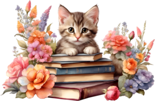 AI generated Kitten with Stack of books. Ai-Generated. png