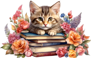 AI generated Kitten with Stack of books. Ai-Generated. png