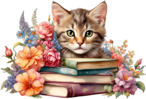 AI generated Kitten with Stack of books. Ai-Generated. png