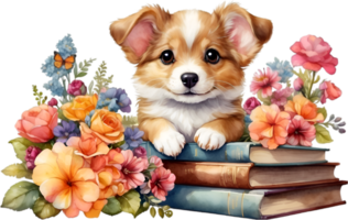 AI generated Puppy with a stack of books. Ai-Generated. png