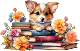 AI generated Puppy with a stack of books. Ai-Generated. png