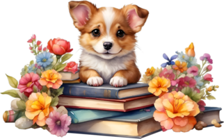 AI generated Puppy with a stack of books. Ai-Generated. png