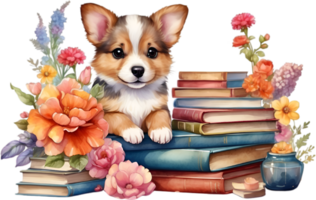 AI generated Puppy with a stack of books. Ai-Generated. png