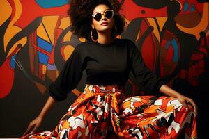 AI generated Vibrant Elegance Black Woman Flaunting Stylish Palazzo Pants for Black Month photo