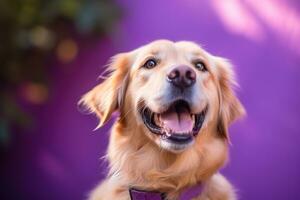 AI generated A close-up portrait of a golden retriever puppy on a purple background photo