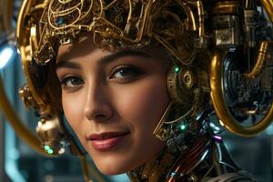 AI generated female cyborg with mechanisms and wires in head, digital technological as a background photo