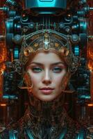 AI generated female cyborg with mechanisms and wires in head, digital technological as a background photo