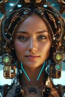 AI generated female cyborg with mechanisms and wires in head, digital technological as a background photo