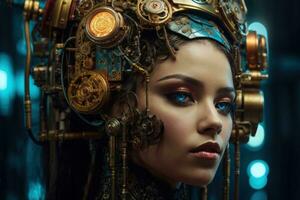 AI generated female cyborg with mechanisms and wires in head, digital technological as a background photo