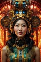AI generated female cyborg with mechanisms and wires in head, digital technological as a background photo