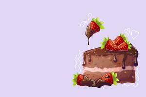 Chocolate cake and chocolate covered strawberries in cartoon style. Doodle. Vector illustration for poster, banner, website, advertisement. Vector illustration with colorful sweet dessert.