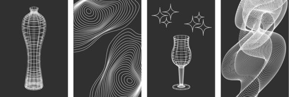 Set of posters in the form of a vase, a glass and a wire-framed net. Linear elements of retro design. 3D. Y2k . Vector illustration for social media or posters.