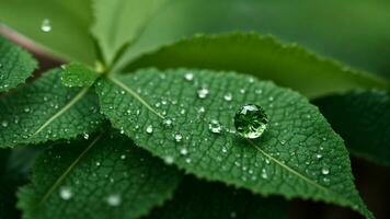 AI generated Capture the delicate intricacies of a raindrop clinging to a vibrant green leaf, magnifying the microscopic world within. photo