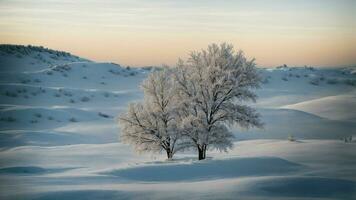 AI generated Depict the subtle variations in color and texture of snow in different lighting conditions, from the crisp glow of morning to the serene blue of twilight. photo