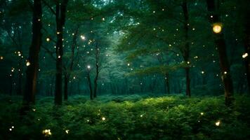 AI generated Explore the dance of fireflies in the moonlit canopy, creating a mesmerizing display of nature's light against the absolute green backdrop. photo