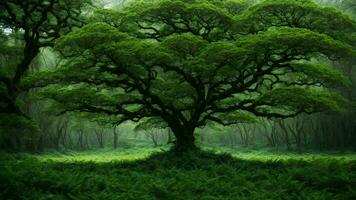 ai generado explorar el intrincado ecosistema dinámica de un primitivo verde árbol bosque, enfatizando el interdependencia de flora y fauna. foto