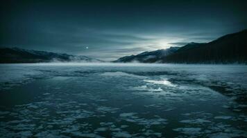 ai generado capturar el esencia de un congelado lago a noche, enfatizando el interacción de luz de la luna en el glacial superficie y el quietud de el rodeando paisaje. foto