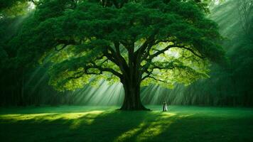 ai generado en el corazón de el antiguo Esmeralda bosque, describir el interacción de ligero y sombra como eso bailes sobre el hojas de el absoluto verde árbol. foto