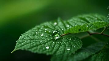 AI generated Capture the delicate intricacies of a raindrop clinging to a vibrant green leaf, magnifying the microscopic world within. photo