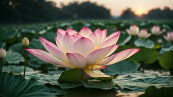 AI generated Describe the delicate unfolding of a lotus flower at the break of dawn. photo