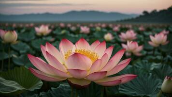 AI generated Describe the delicate unfolding of a lotus flower at the break of dawn. photo