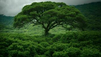 AI generated Explore the intricate ecosystem dynamics of a primeval green tree forest, emphasizing the interdependence of flora and fauna. photo