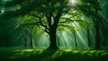 AI generated In the heart of the ancient emerald forest, describe the interplay of light and shadow as it dances upon the leaves of the absolute green tree. photo