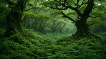 AI generated Explore the intricate ecosystem dynamics of a primeval green tree forest, emphasizing the interdependence of flora and fauna. photo