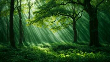 AI generated In the heart of the ancient emerald forest, describe the interplay of light and shadow as it dances upon the leaves of the absolute green tree. photo