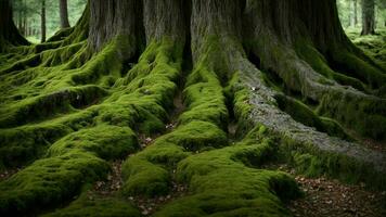 AI generated Depict the symphony of textures in the bark of an ancient green tree, each crevice telling a story of centuries gone by. photo