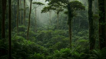 ai generado explorar el intrincado ecosistema dentro un denso, intacto Amazonas selva, enfoque en el interacciones Entre diferente especies debajo el vibrante verde pabellón foto