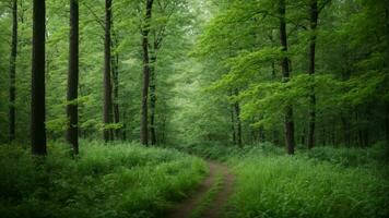 AI generated Describe the subtle variations in shades of green during different seasons, emphasizing the transition from spring to summer in a temperate forest. photo