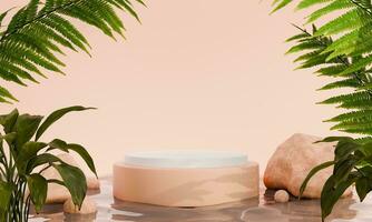 3d Rendering of Minimal Pastel Product Display Peach Podium or Platform with Tropical Leaves Background. photo