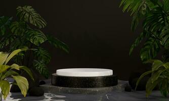 3d Rendering of Black Marble Podium for Product Display and Minimal Tropical Leaves Illustration Backgrounds. photo