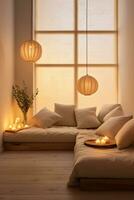 AI generated A tranquil meditation room with soft lighting and comfortable cushions photo