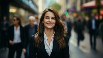 ai generado un maravilloso mujer de negocios en un poder traje caminando con confianza abajo un ocupado ciudad calle. foto