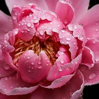 AI generated A macro shot of a pink peony with dew drops on the petals. photo