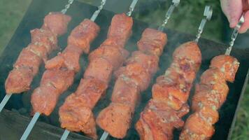 Man is Cooking Pork Outdoors and Turning Barbecue Meat on Skewers. Hot Grilled Kebab on the Coals. Picnic Food Preparing. Middle CloseUp Shot video