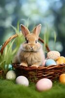 ai generado un linda conejito sentado en un cama de verde césped con un cesta de Pascua de Resurrección huevos y Copiar espacio para texto foto