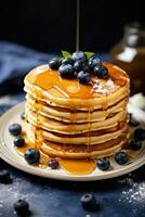 AI generated A stack of fluffy pancakes topped with blueberries and a drizzle of maple syrup photo