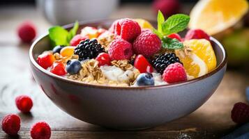 AI generated a healthy breakfast bowl filled with colorful fruits and grains photo