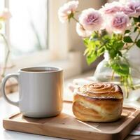 AI generated cozy setting of a coffee mug with a cinnamon bun and a flower vase, placed on a wooden tray photo